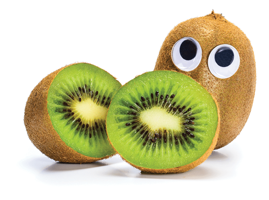 Sad kiwi fruit with googly toy eyes and one fruit cut in two halves  Close-up macro Isolated on white background 