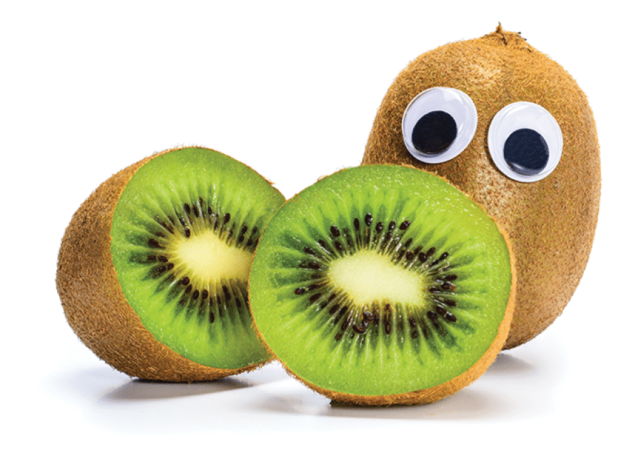 Sad kiwi fruit with googly toy eyes and one fruit cut in two halves  Close-up macro Isolated on white background 