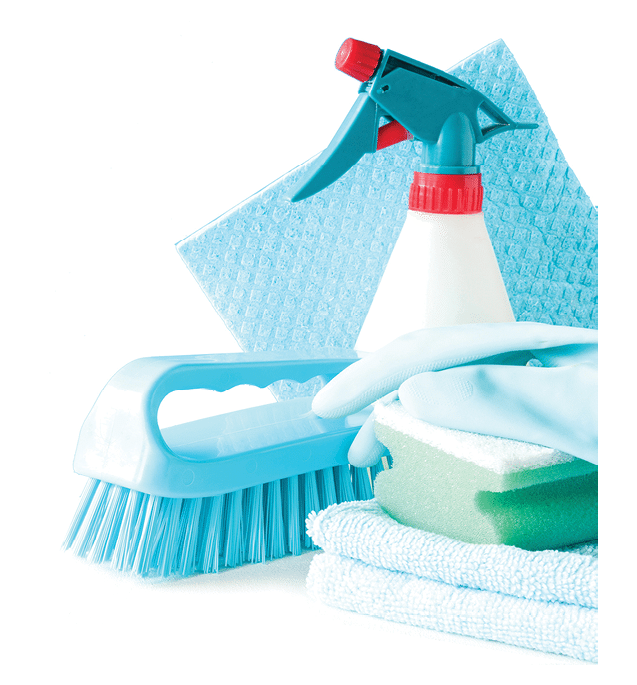 Cleaning set for different surfaces in kitchen, bathroom and other rooms  Empty place for text or logo on blue background  Cleaning service concept  Early spring regular clean up  Front view 
