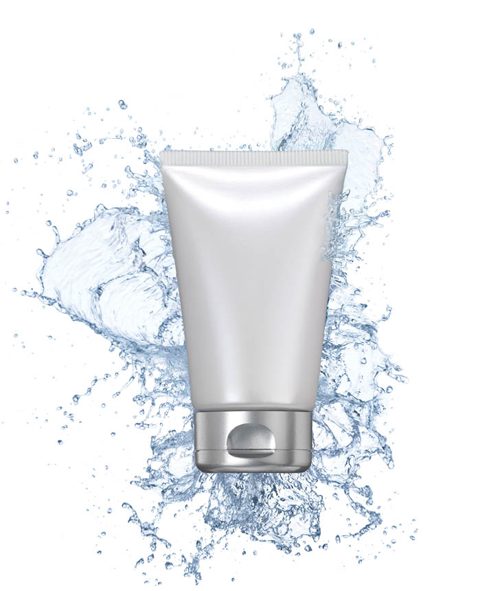 Blank tube with splashing water isolated on white background  