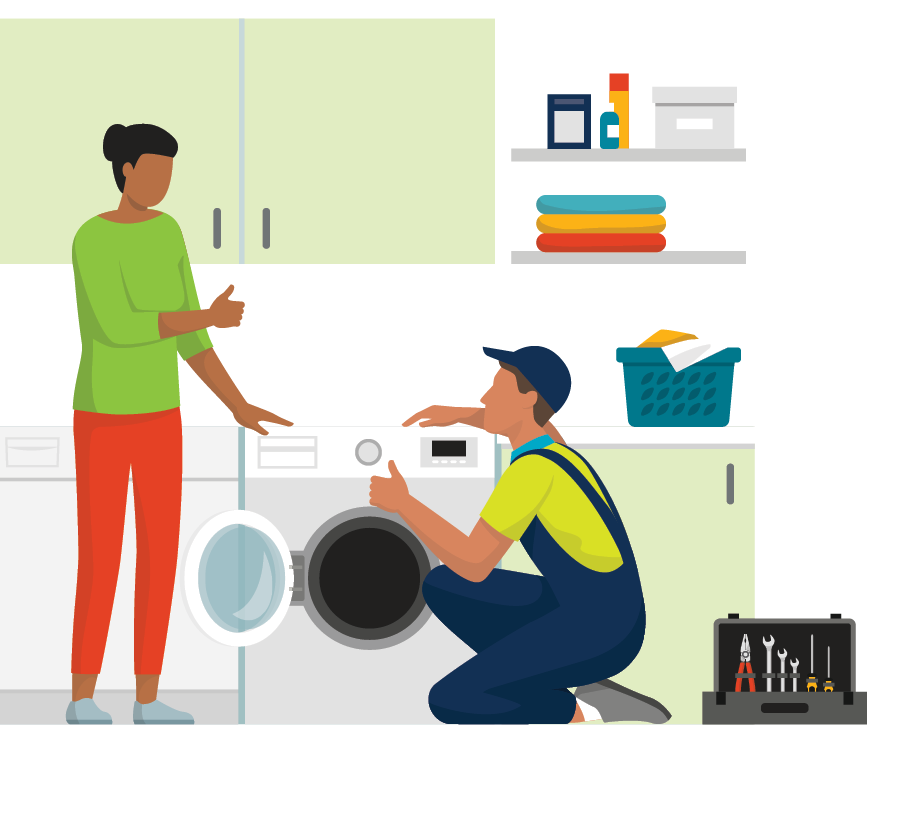 Expert repairman fixing a washing machine at home and happy customer smiling, home appliance repair service concept