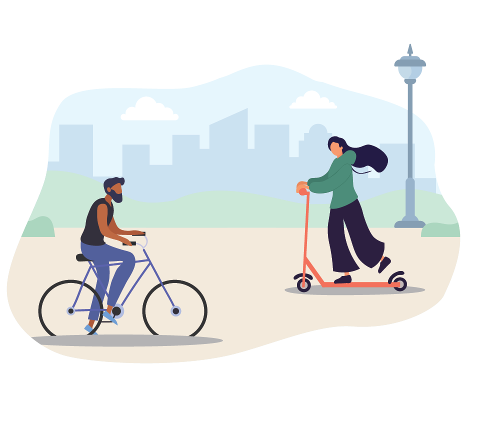 People ride in park. Guy in baseball cap rides bicycle. Teenage girls have fun riding scooter and skateboard. Summer outdoor sports activities. Active fun and health. Vector flat illustration