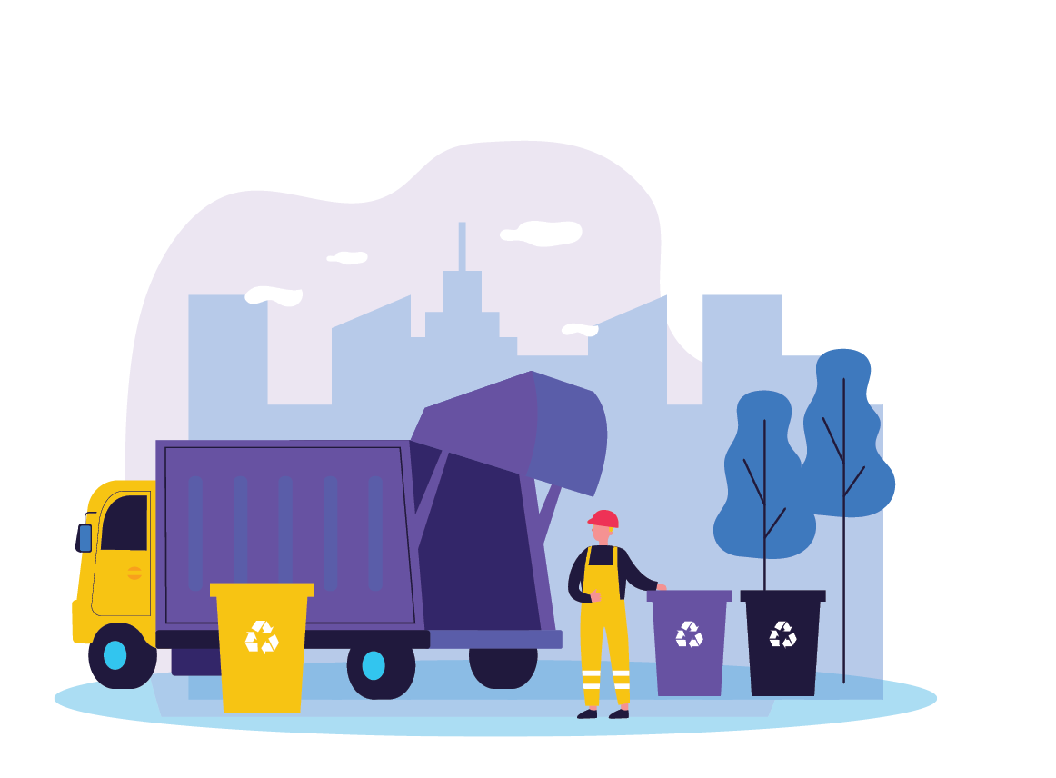 Trash collection transport. Man throwing trash into bins with recycling sign. Vector illustration for refuse industry, garbage truck, city cleaning service, waste sorting concept