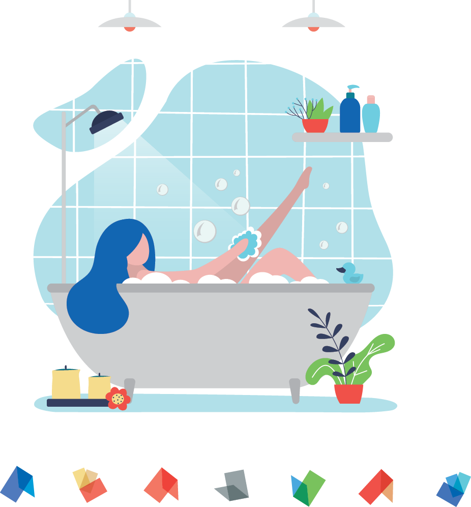 Female character taking relaxing bath. Cute woman rubs leg with washcloth. Girl lies in bubble bath. Spa treatments and body care. Daily routine. Design interior bathroom. Flat vector illustration