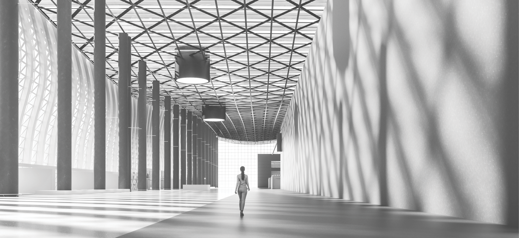 Lone businesswoman walking in empty exhibition hall, 3D generated image.