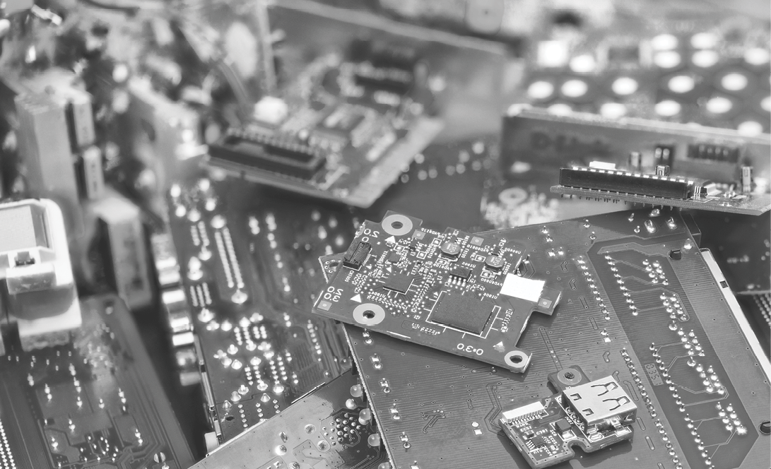 Connectors, PCB, notebook cards. Colorful blurry background from PC components. Mainboards, integrated circuit boards, UTP, USB. Idea of electronics industry, eco, sorting and disposal of electronic waste