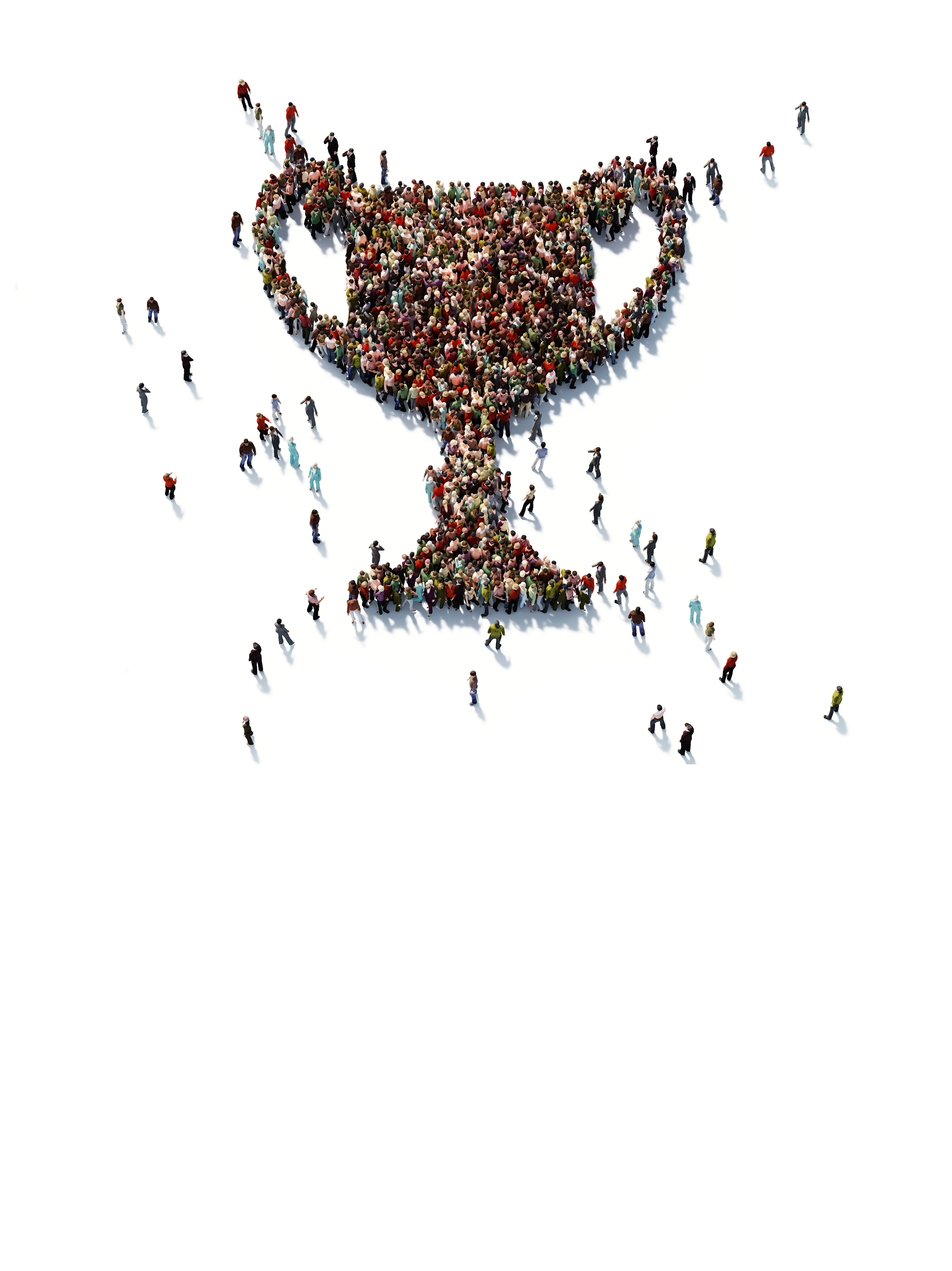 Human crowd forming a big trophy shape on white background  Horizontal  composition with copy space  Clipping path is included  Success and reward concept 