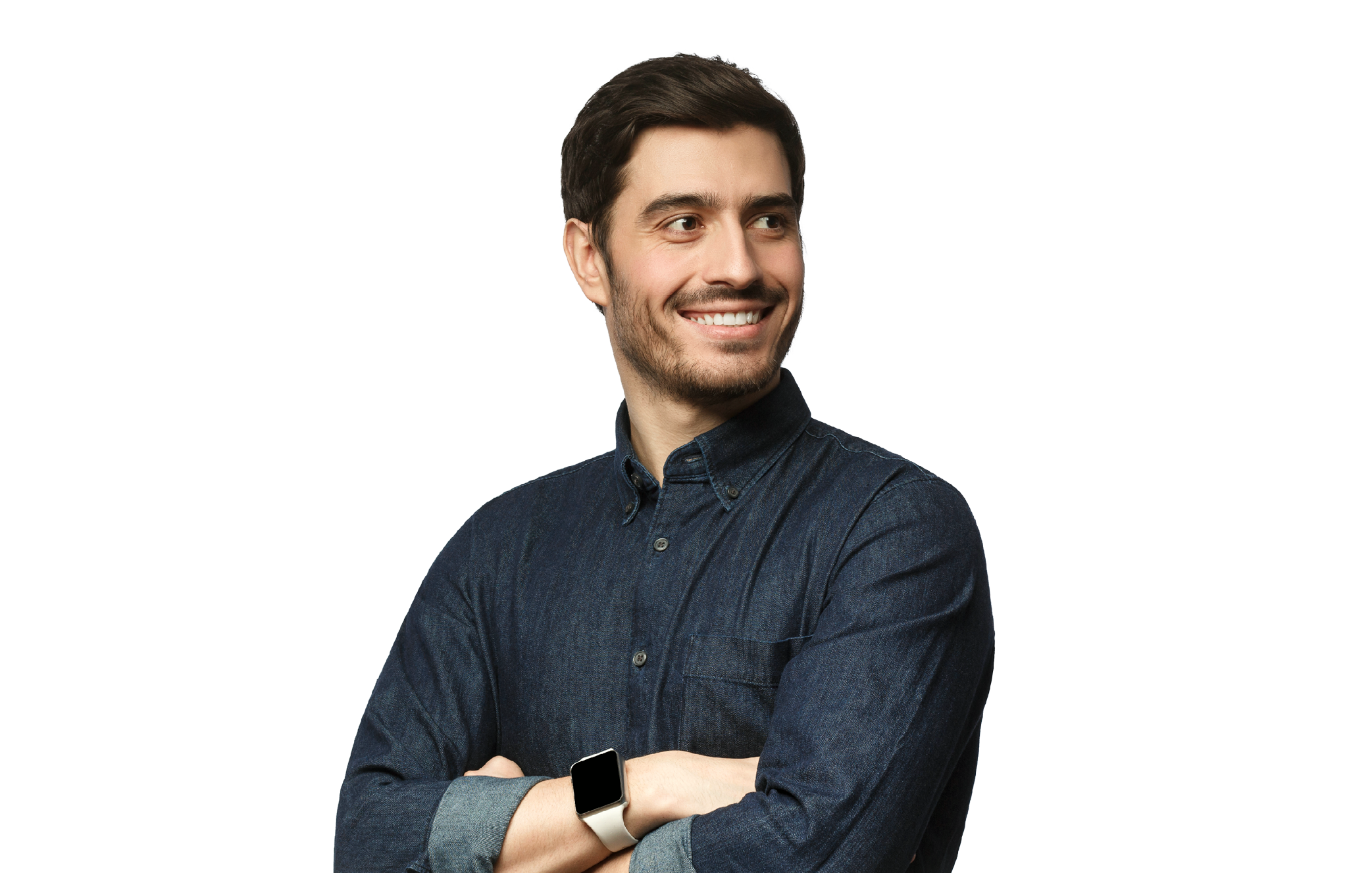 Young man looking away standing with crossed arms isolated on gray