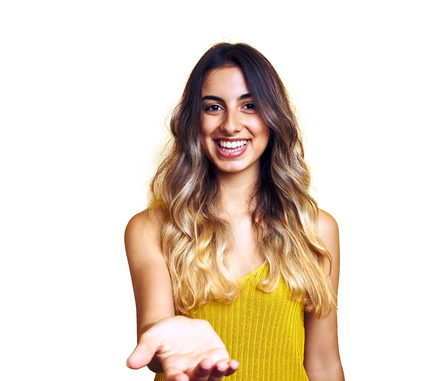 Young beautiful woman wearing t-shirt over yellow isolated background smiling cheerful offering palm hand giving assistance and acceptance 