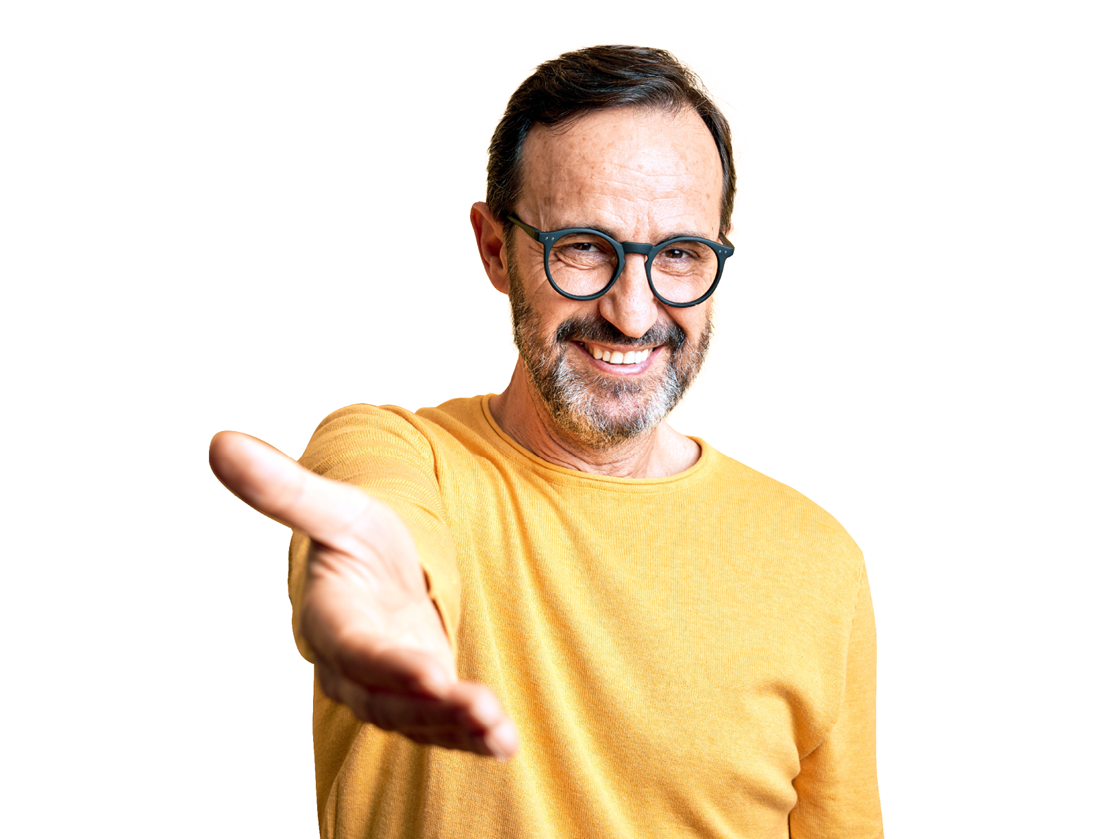 Middle age hoary man wearing casual sweater and glasses over isolated yellow background smiling cheerful offering palm hand giving assistance and acceptance 