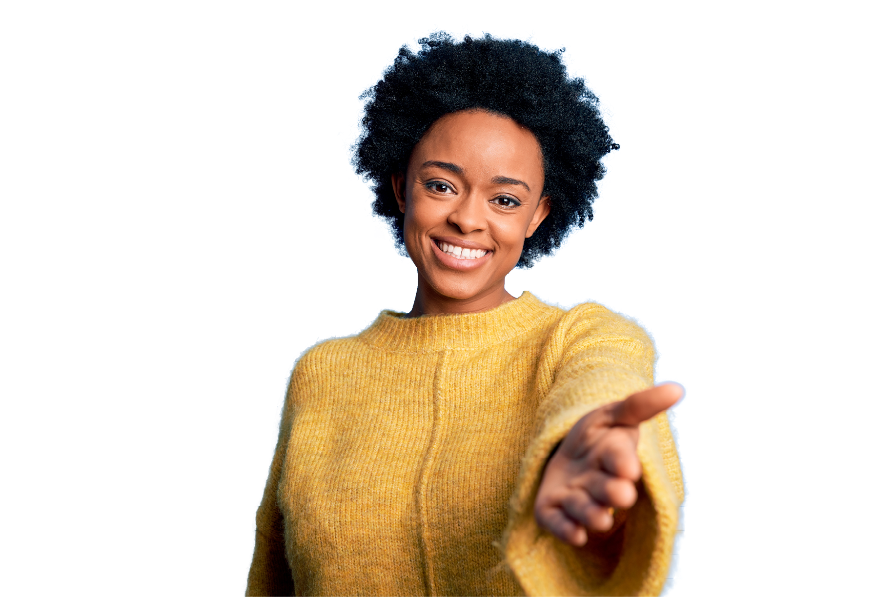 Young beautiful African American afro woman with curly hair wearing yellow casual sweater smiling cheerful offering palm hand giving assistance and acceptance 