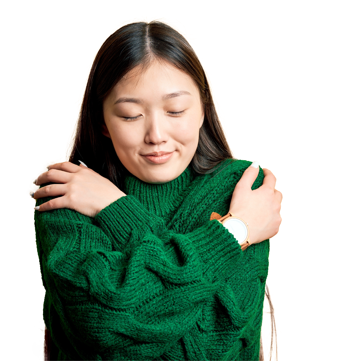 Young beautiful asian woman wearing green winter sweater over yellow isolated background Hugging oneself happy and positive, smiling confident  Self love and self care